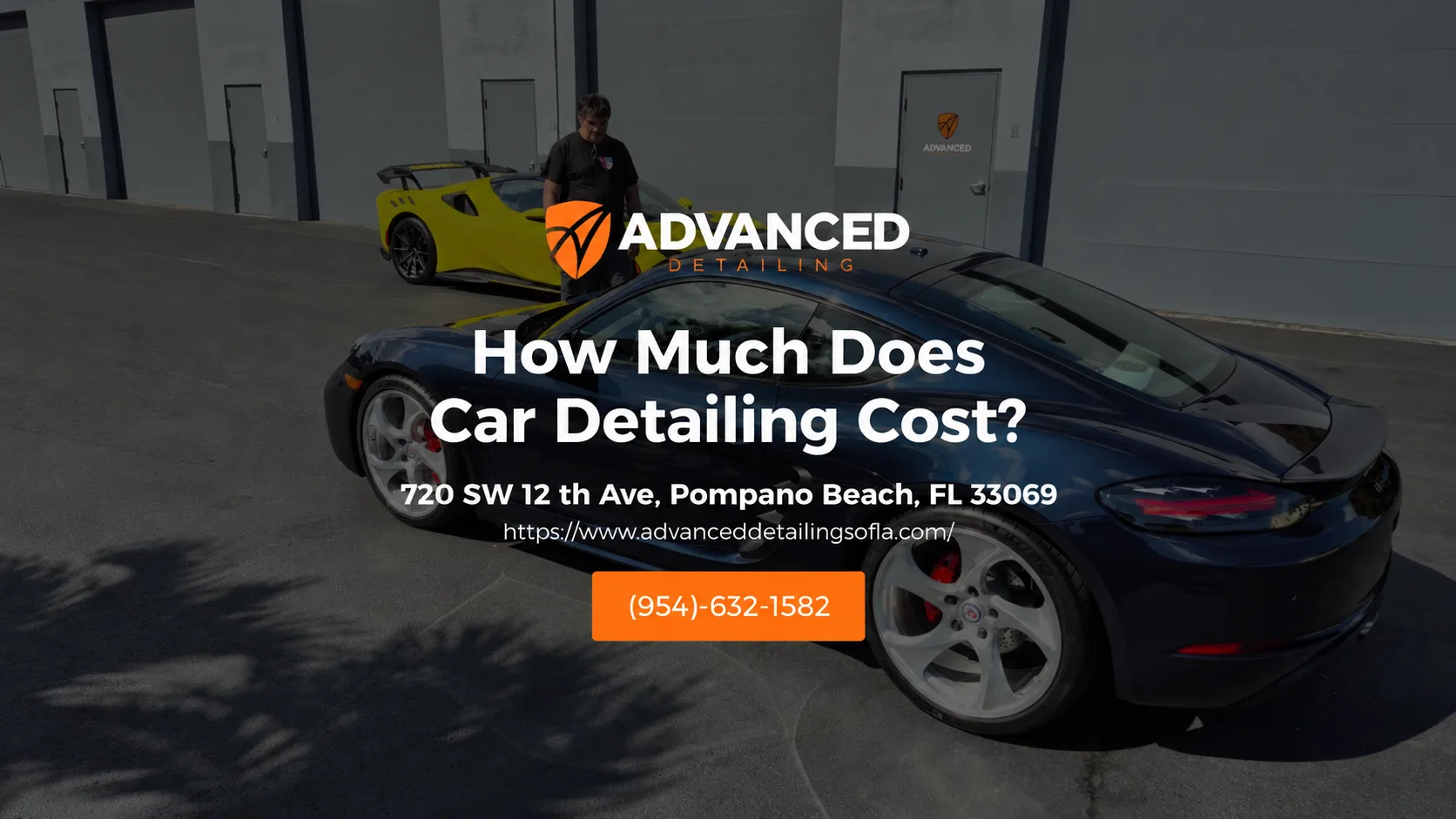 How Much Does Car Detailing Cost? — a dark blue sports car outside the Advanced Detailing Sofla studio in Pompano Beach