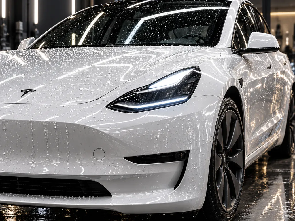 Tesla Model 3 during ceramic coating at Advanced Detailing Sofla in Pompano Beach