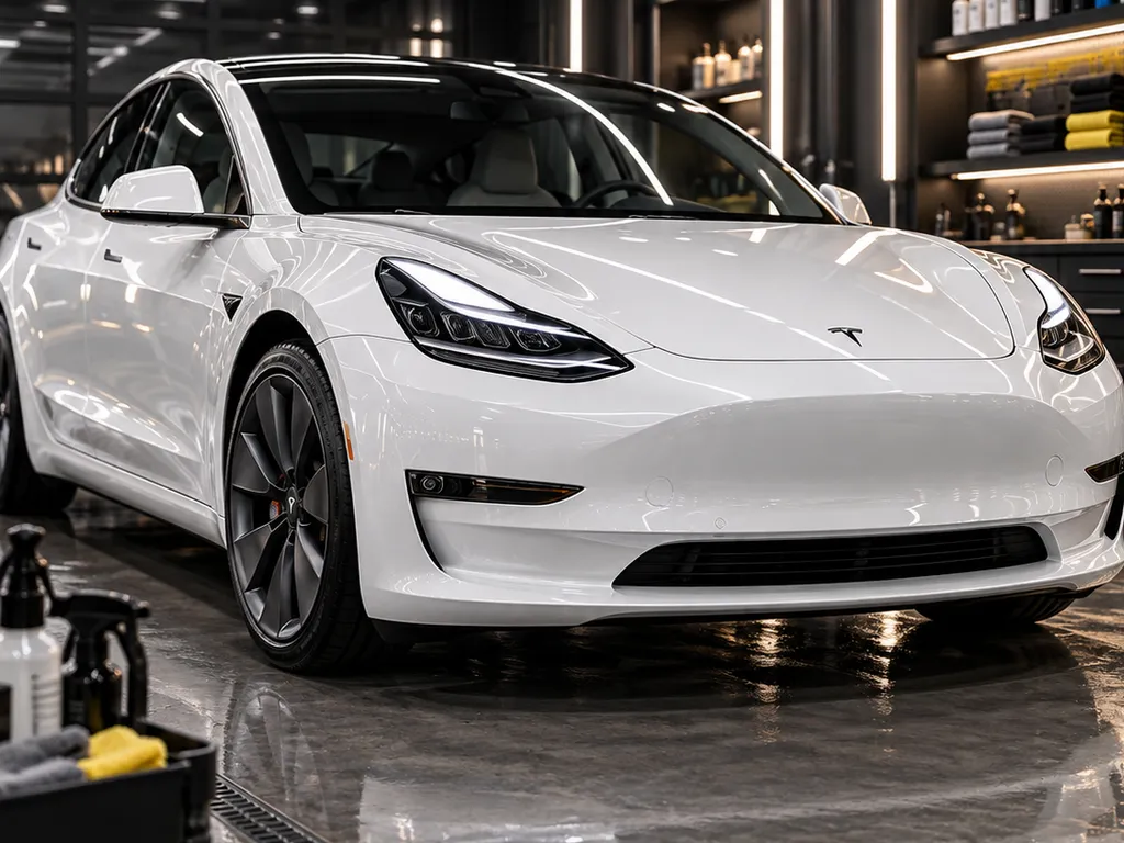Tesla Model 3 during detailing at Advanced Detailing Sofla in Pompano Beach
