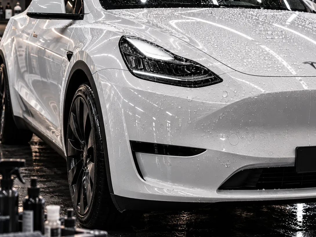 Tesla Model Y during ceramic coating at Advanced Detailing Sofla in Pompano Beach