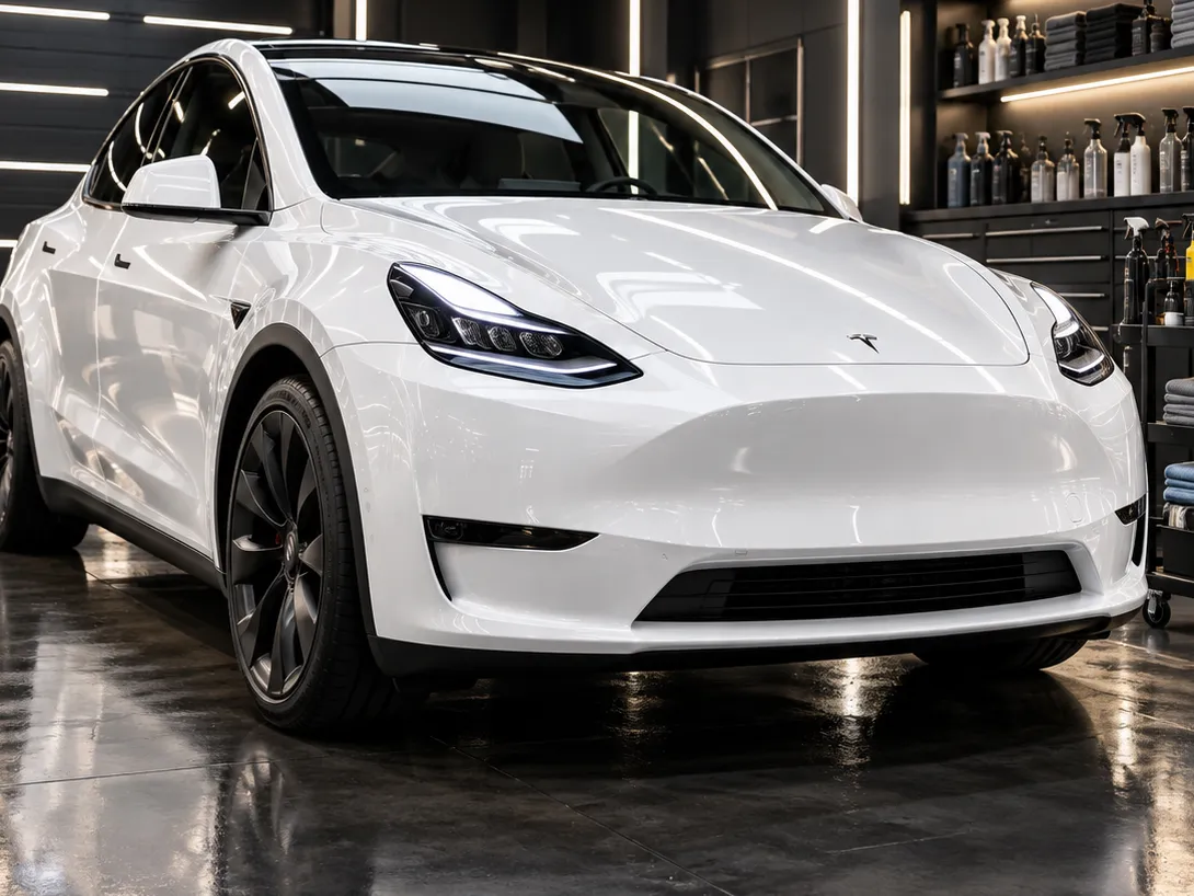 Tesla Model Y being washed at Advanced Detailing Sofla in Pompano Beach